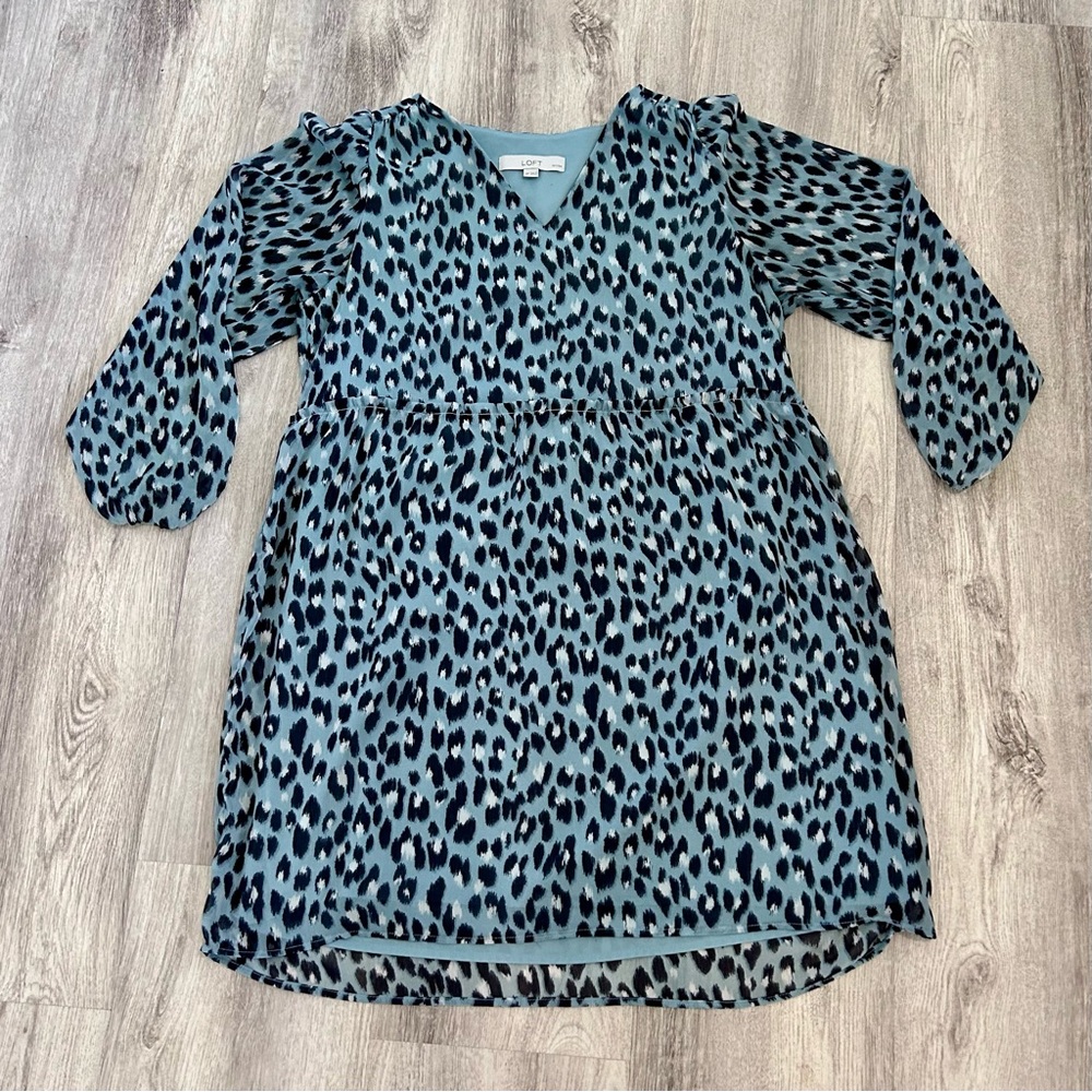 Loft Mini Babydoll Dress Size MP Long Sleeve Blue Leopard Print